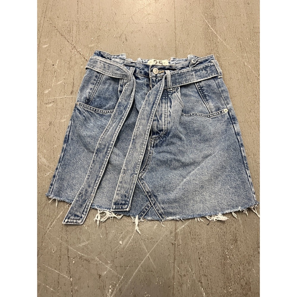 Free People We The Free East of Eden Mini Skirt Womens 25 Blue Denim Tie Waist